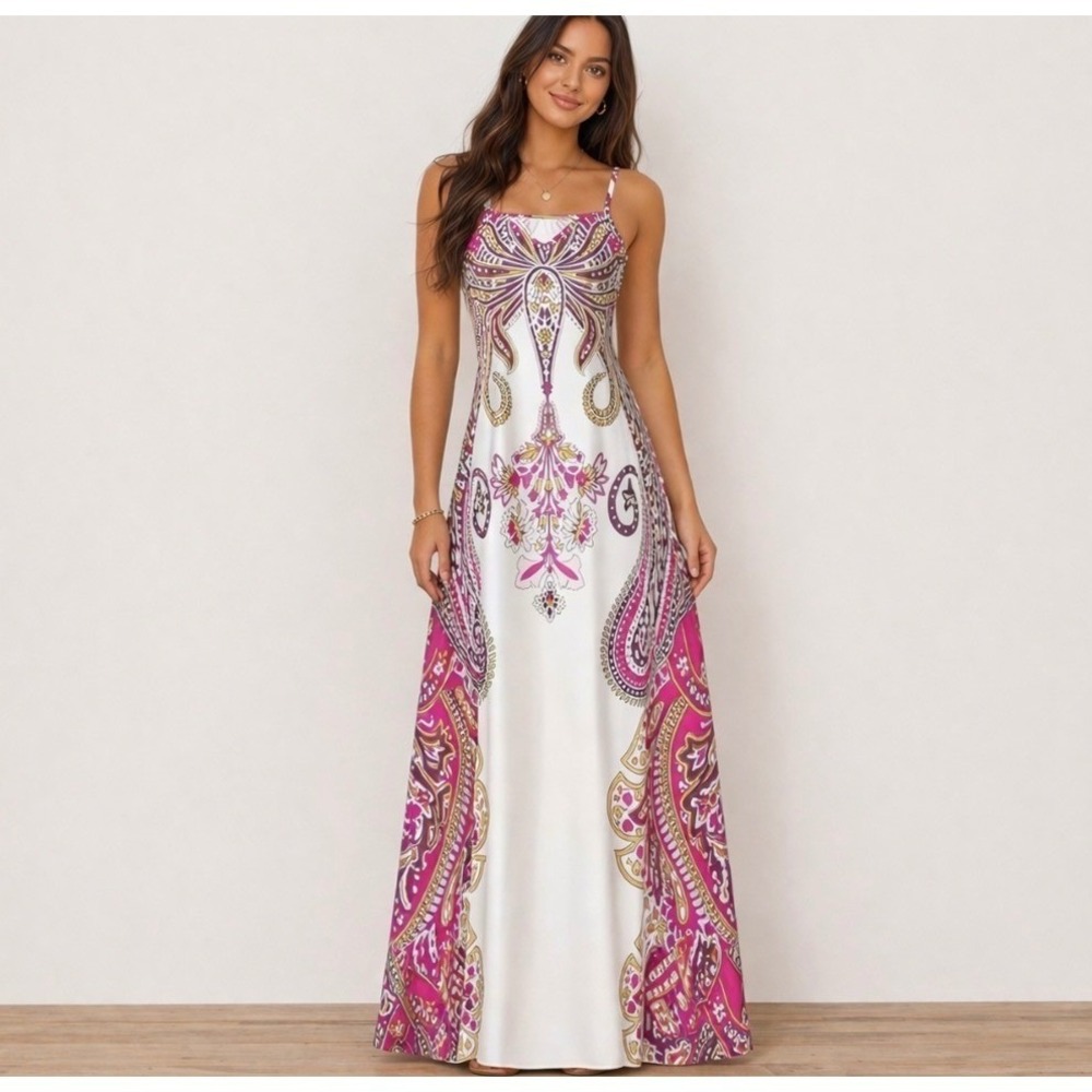 Sleeveless White Maxi Dress with Pink Paisley Motif